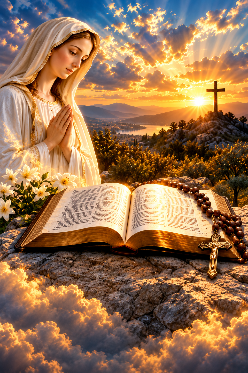 Nossa Senhora em oração, com a Bíblia aberta, o terço e a cruz ao pôr do sol
